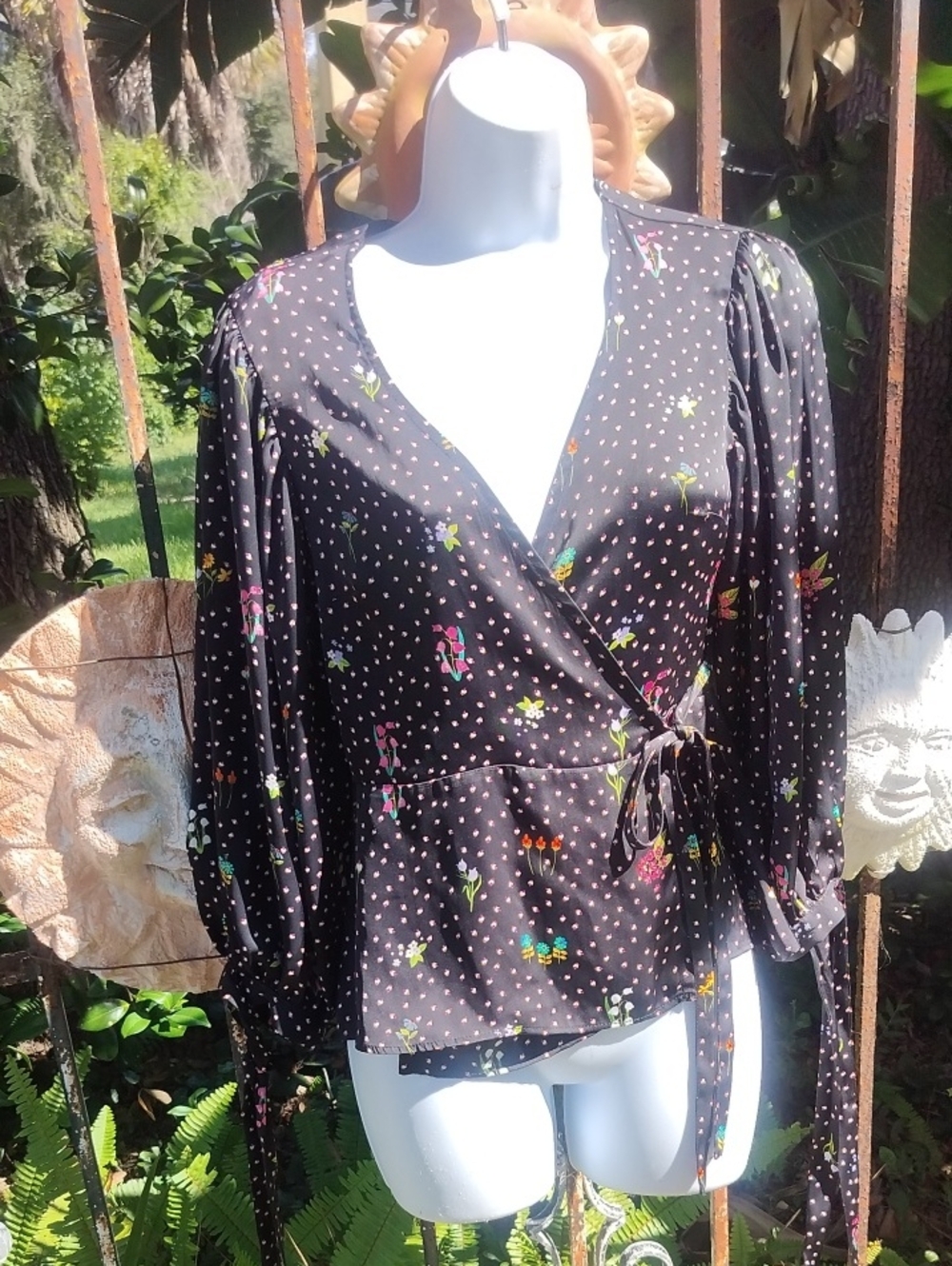 Topshop Black Floral Wrap Blouse with Tie Detail